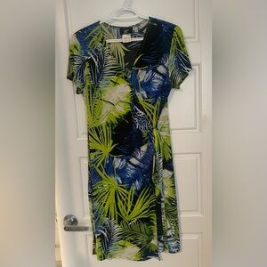 Tropical Print Midi Wrap Dress Small Green Blue Palm Trees Summer Party Casual